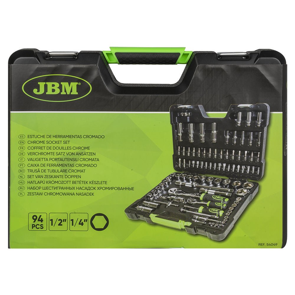 JBM SET DI UTENSILI DA 94 PEZZI CON BUSSOLE ESAGONALI DA 1/4" E 1/2" – FINITURA CROMATA 54049 - Techservice