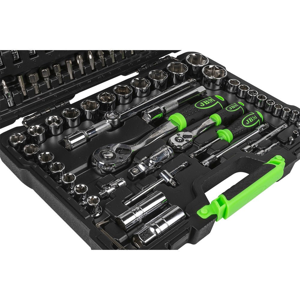JBM SET DI UTENSILI DA 94 PEZZI CON BUSSOLE ESAGONALI DA 1/4" E 1/2" – FINITURA CROMATA 54049 - Techservice