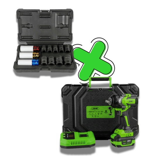 PISTOLA A IMPATTO BRUSHLESS A BATTERIA DA 1/2" 1000NM CON VALIGETTA 60051C + SET DA 12 BUSSOLE 52343 JBM SERIE 551 - Techservice