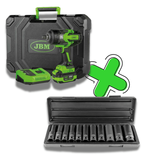 PISTOLA A IMPATTO BRUSHLESS A BATTERIA DA 1/2" 1300NM 60044C + SET DI BUSSOLE A IMPATTO DA 11 PEZZI 52342 JBM SERIE 555 - Techservice