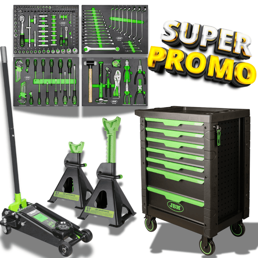 PROMO 54389 CARRELLO A 7 CASSETTI + 53779 SET DI 2 CAVALLETTI DA 3 TONNELLATE + 50818 MARTINETTO IDRAULICO A CARRELLO 3,5T - JBM - Techservice