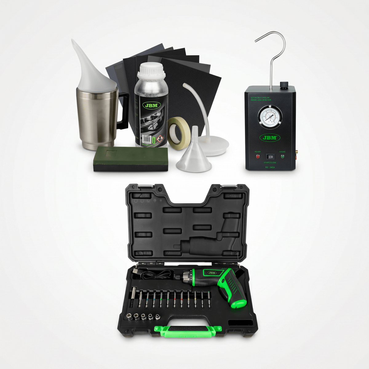 PROMO JBM - KIT DI RESTAURO FARI + RILEVATORE DI PERDITE + AVVITATORE A BATTERIA - Techservice