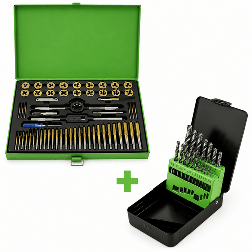 PROMO JBM - SET DI 58 PIEZZI DI MASCHI E FILIERE RIVESTITI IN TITANIO PASSO METRICO + SET DI PUNTE AD ELICA HSS 4341, 1-10 MM