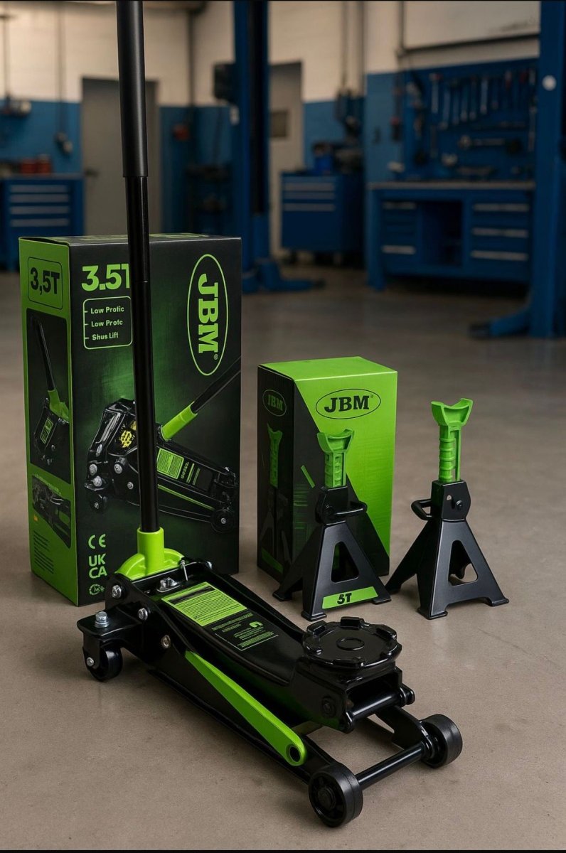 PROMO: MARTINETTO IDRAULICO A CARRELLO 3,5T + SET DI 2 CAVALLETTI DA 3T JBM - Techservice