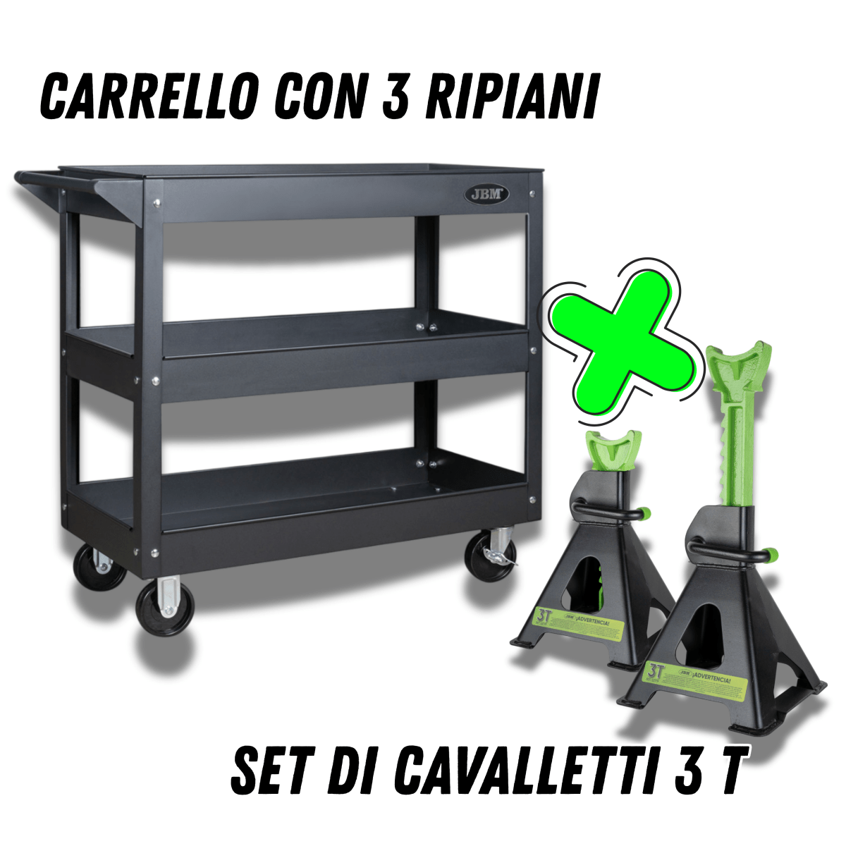 PROMOZIONE CARRELLO CON 3 RIPIANI JBM 51576 + SET DI 2 CAVALLETTI DA 3 T 53779 JBM - Techservice
