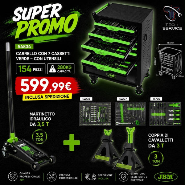 🔥 SUPER PROMO JBM - CARRELLO A 7 CASSETTI CON 154 UTENSILI + MARTINETTO IDRAULICO 3,5 T + COPPIA DI CAVALLETTI 3 T - Techservice