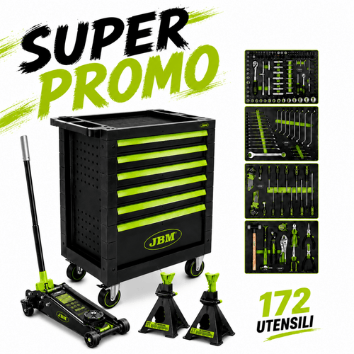 SUPER PROMO JBM - CARRELLO PORTAUTENSILI VERDE CON 172 UTENSILI + MARTINETTO IDRAULICO 3,5 T + SET DI CAVALETTI 3 T
