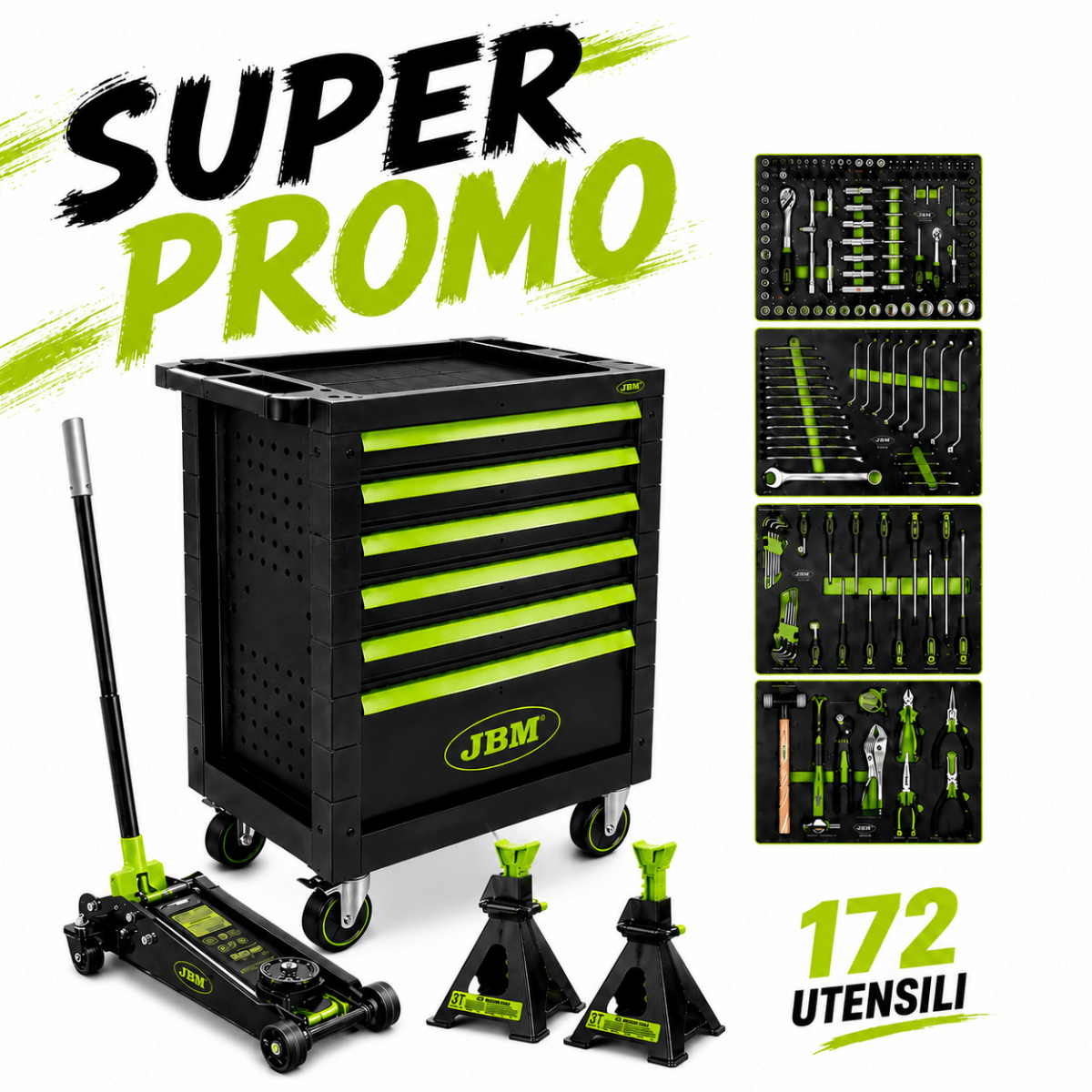 SUPER PROMO JBM - CARRELLO PORTAUTENSILI VERDE CON 172 UTENSILI + MARTINETTO IDRAULICO 3,5 T + SET DI CAVALETTI 3 T - Techservice