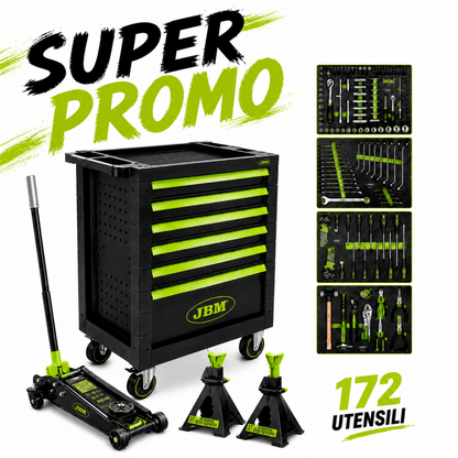 SUPER PROMO JBM - CARRELLO PORTAUTENSILI VERDE CON 172 UTENSILI + MARTINETTO IDRAULICO 3,5 T + SET DI CAVALETTI 3 T - Techservice